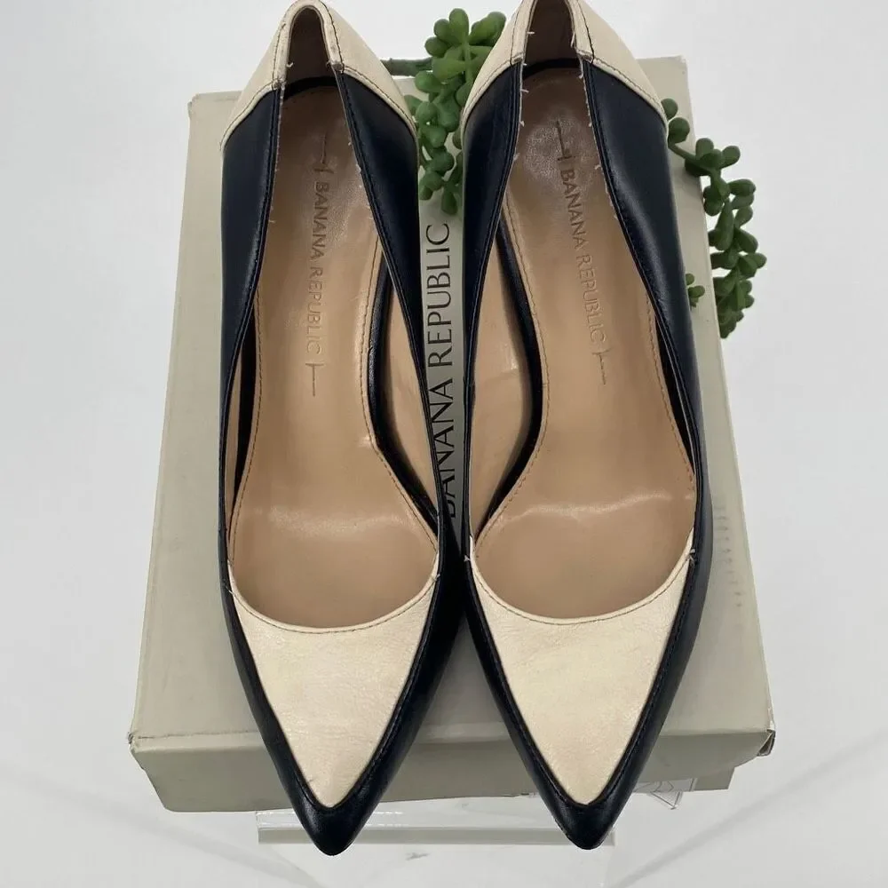 Banana Republic Tatum Leather Pointed Toe Two-Tone Dressy High Heels Pumps Black